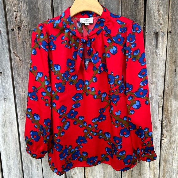 J. Crew Tops - J. Crew Collection Tie Neck Top Blouse Lattice Floral Red S